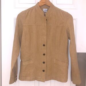 Chico’s Faux Suede Jacket Blazer Tan Lightweight Casual Mandarin Womens Size 0